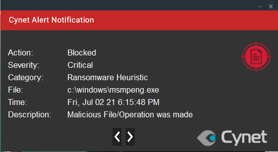 Cynet ransomware alert