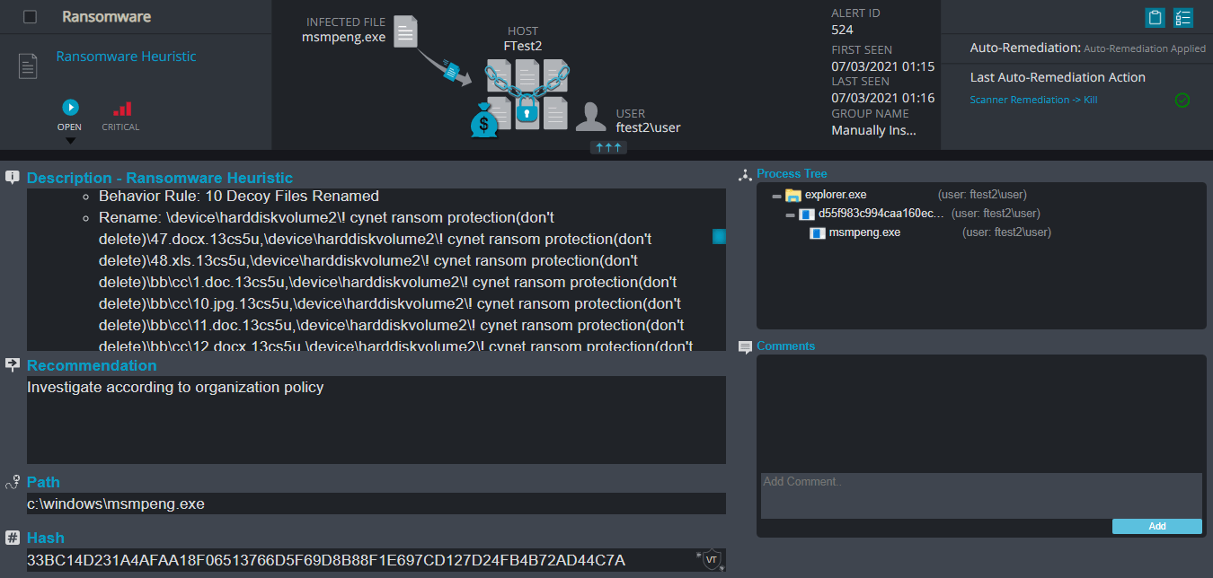 Cynet - Ransomware investigation screenshot