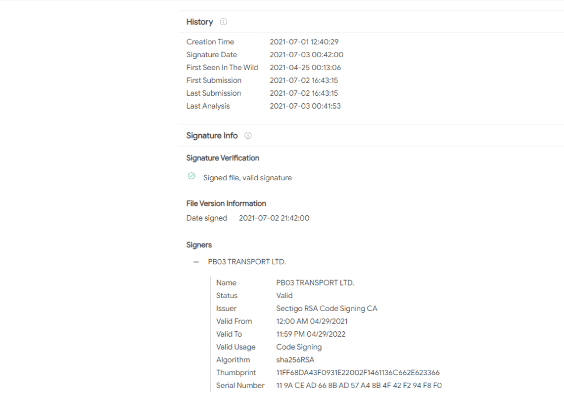REvil ransomware has a valid digital signature