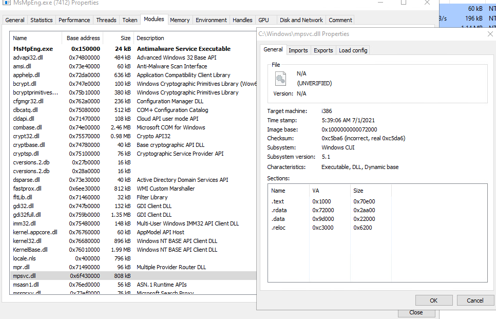 malicious DLL loaded into MsMpEng.exe process